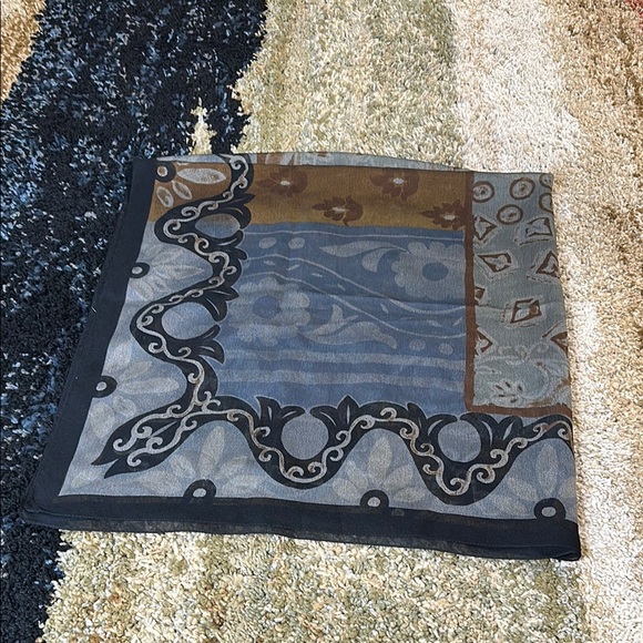 Vintage Multicolor Patterned Scarf Sheer Hair Wrap Brown Blue & Black Hues 34" - Picture 6 of 7
